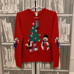 Christmas Crewneck Sweater Red S Snowman Pom Tree